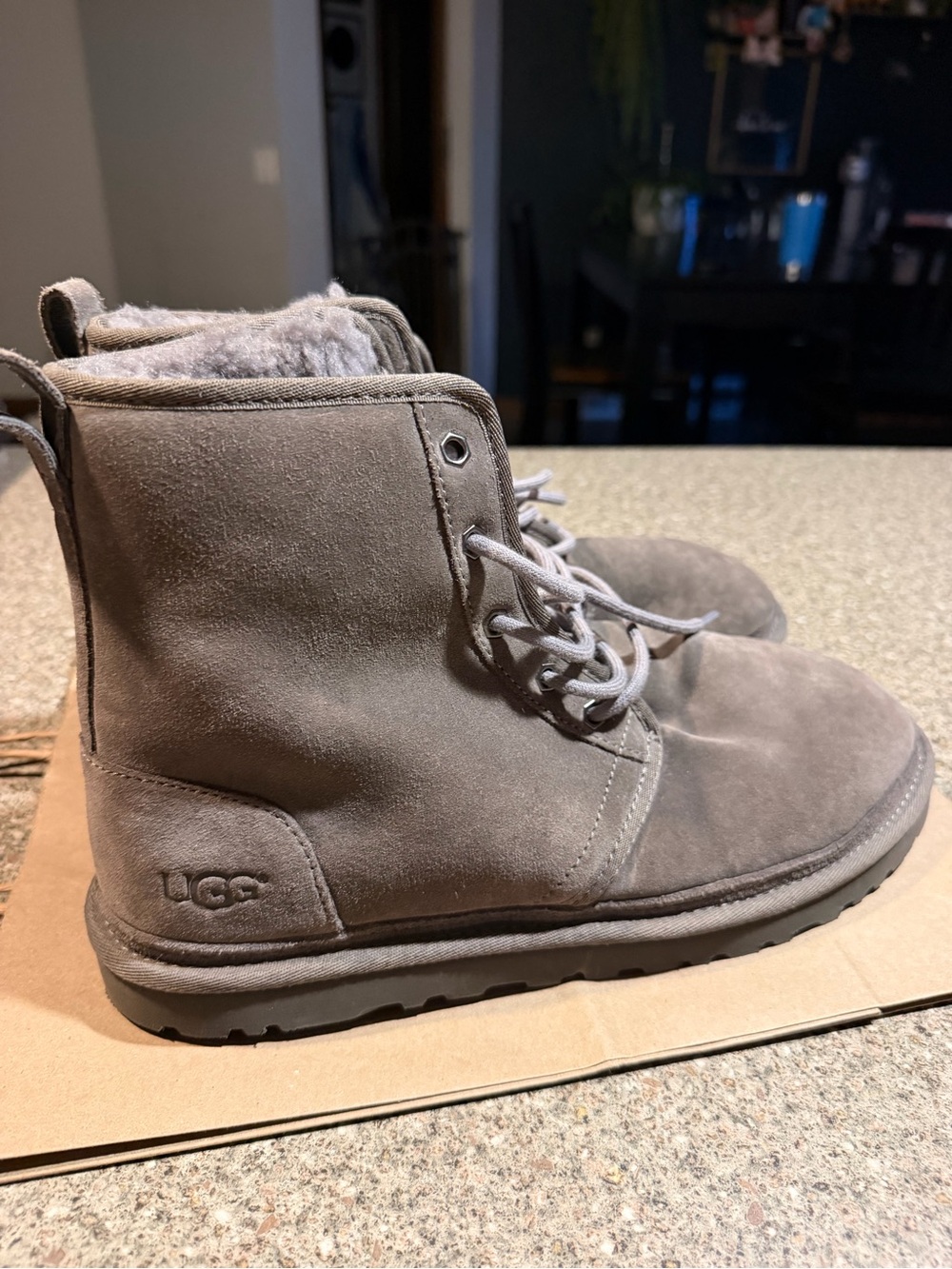 UGG Harkley Gray Suede Lace-Up Shearling Boots